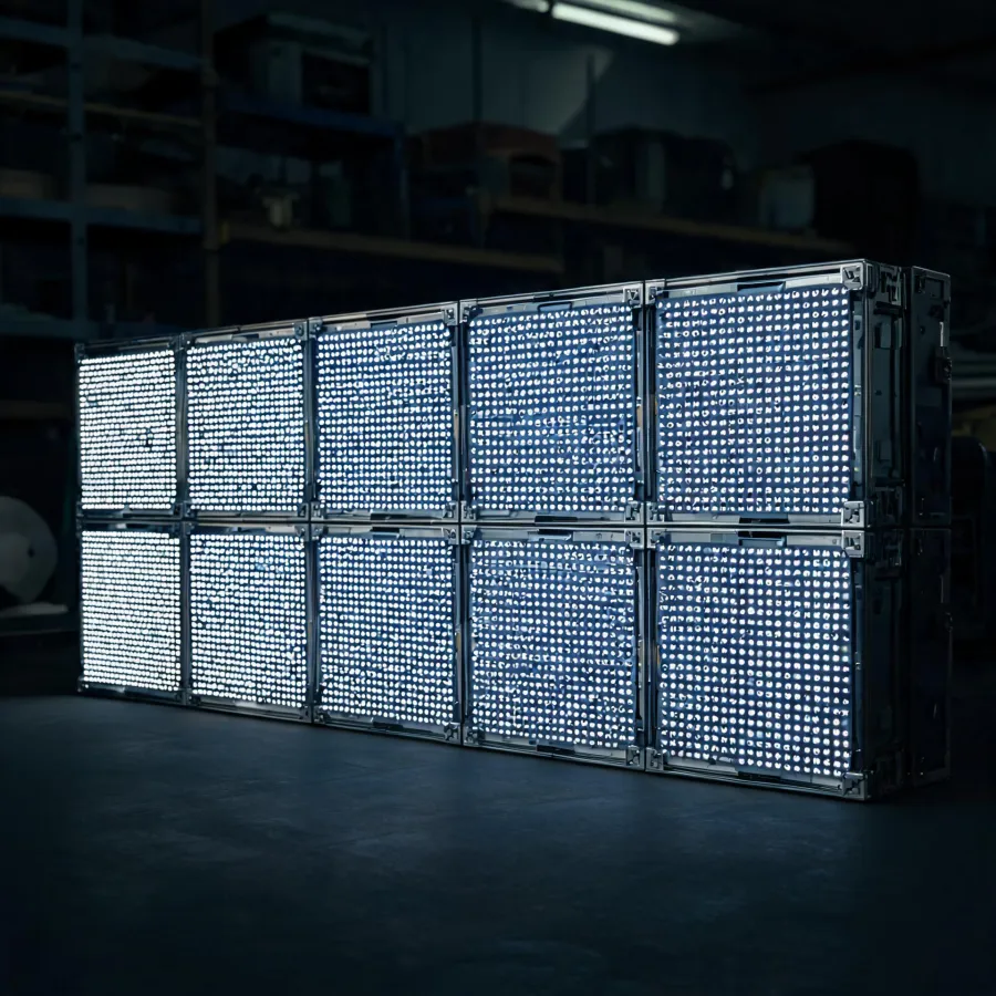 Modular Absen LED cabinet shown in an engineering studio